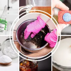 Rękawiczki w różowych rękawiczkach szorują przypalony garnek. Obok ocet, soda oczyszczona, tabletka do zmywarki i cola – domowe sposoby na czyszczenie.