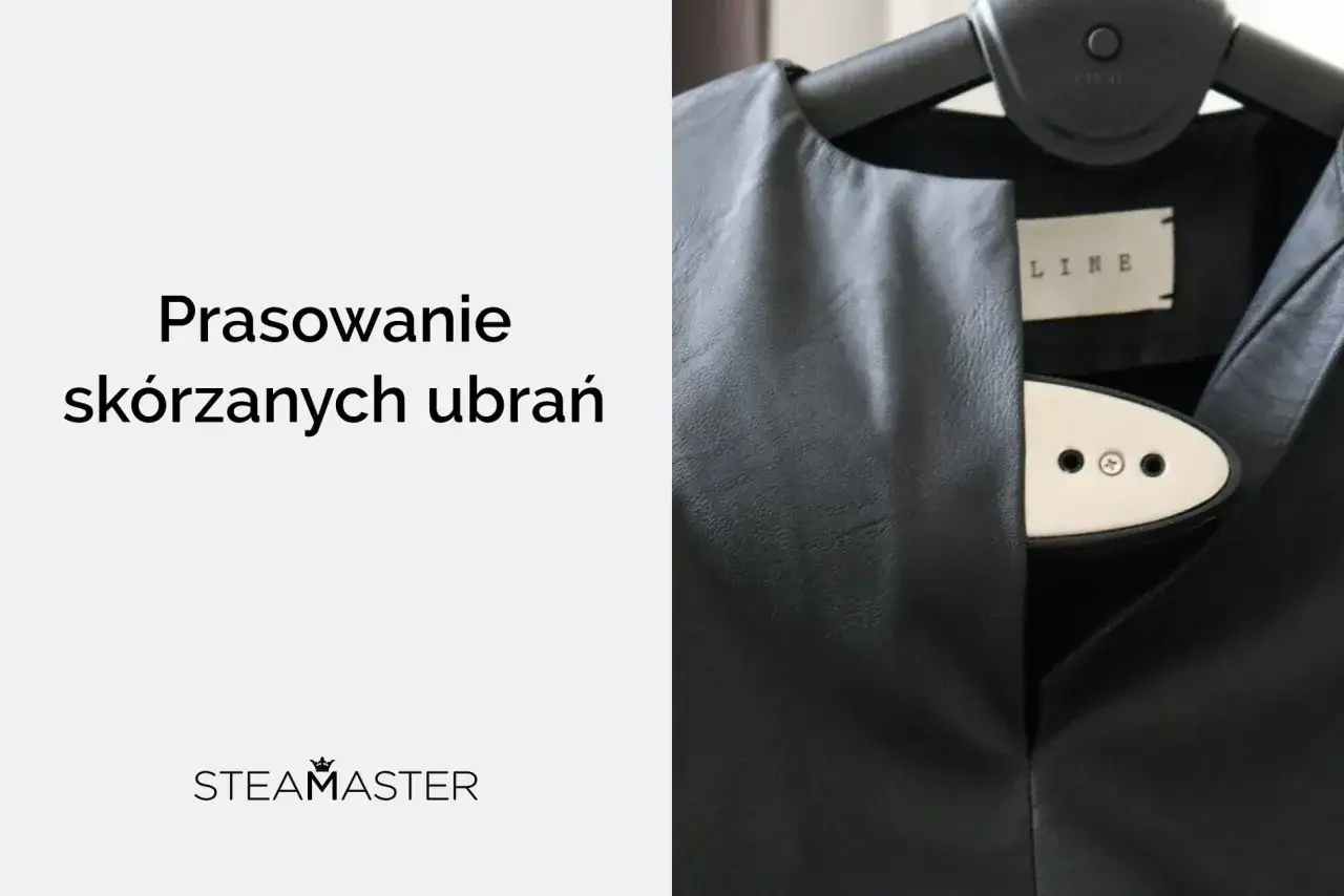Jak prasować ekoskórę? Czarna kurtka z ekoskóry na wieszaku, obok parownica. Logo STEAMASTER.