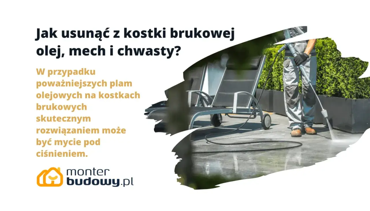 Mycie pod ciśnieniem to skuteczne rozwiązanie, by usunąć olej, mech i chwasty z kostki brukowej.