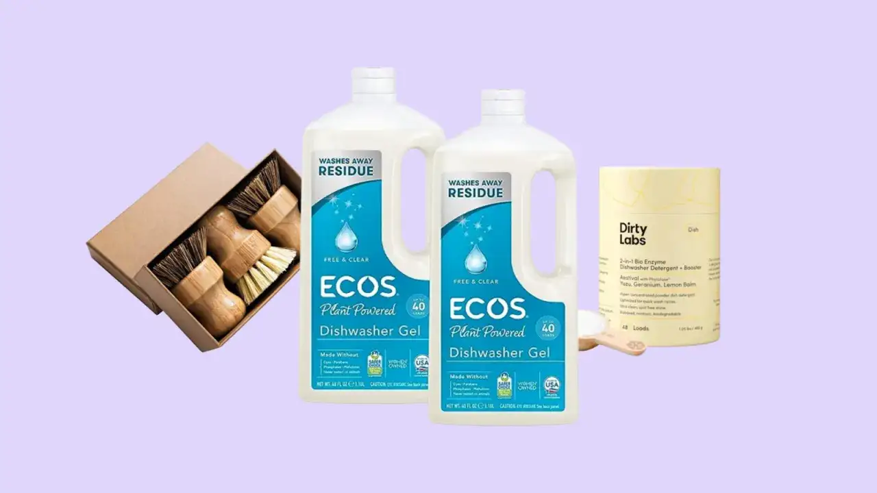 Zestaw ekologicznych środków do zmywarki: żel ECOS i proszek Dirty Labs. Idealne, gdy zastanawiasz się, jakie tabletki do zmywarki wybrać.